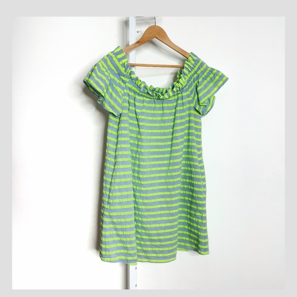 Anthropologie Dress Corey Lynn Calter Dress Off Shoulder Mini Neon Green Stripe - Picture 14 of 15